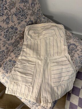 Zara Cream Strapless Pinstripe Romper with Blue Stripes